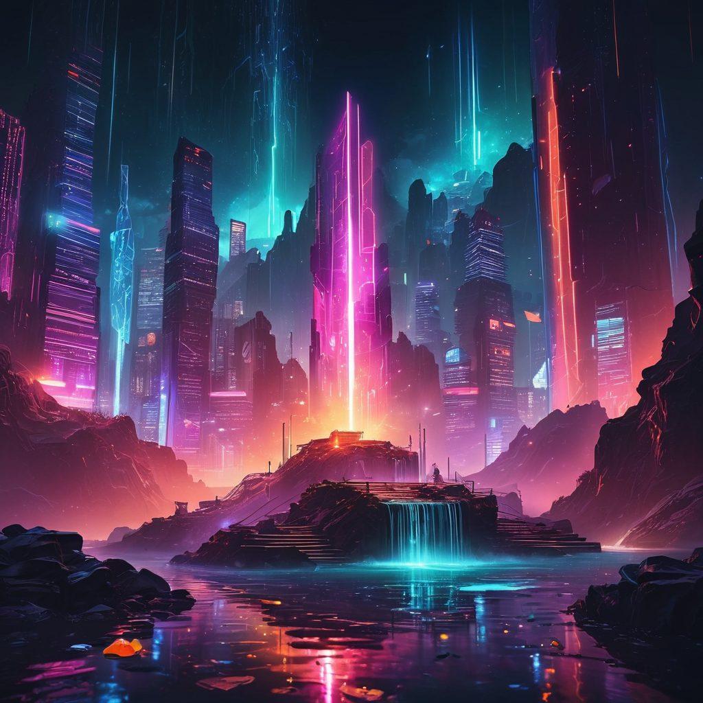 A metaphorical beacon shining brightly in a virtual landscape, surrounded by glowing notifications and alerts cascading like digital waterfalls. The beacon symbolizes guidance and clarity amidst a sea of chaotic data, highlighting its transformative power in communication. The scene features a blend of futuristic technology with vibrant colors illuminating the dark background, embodying the theme of connectivity in the digital age. cyberpunk. vibrant colors. 3D.