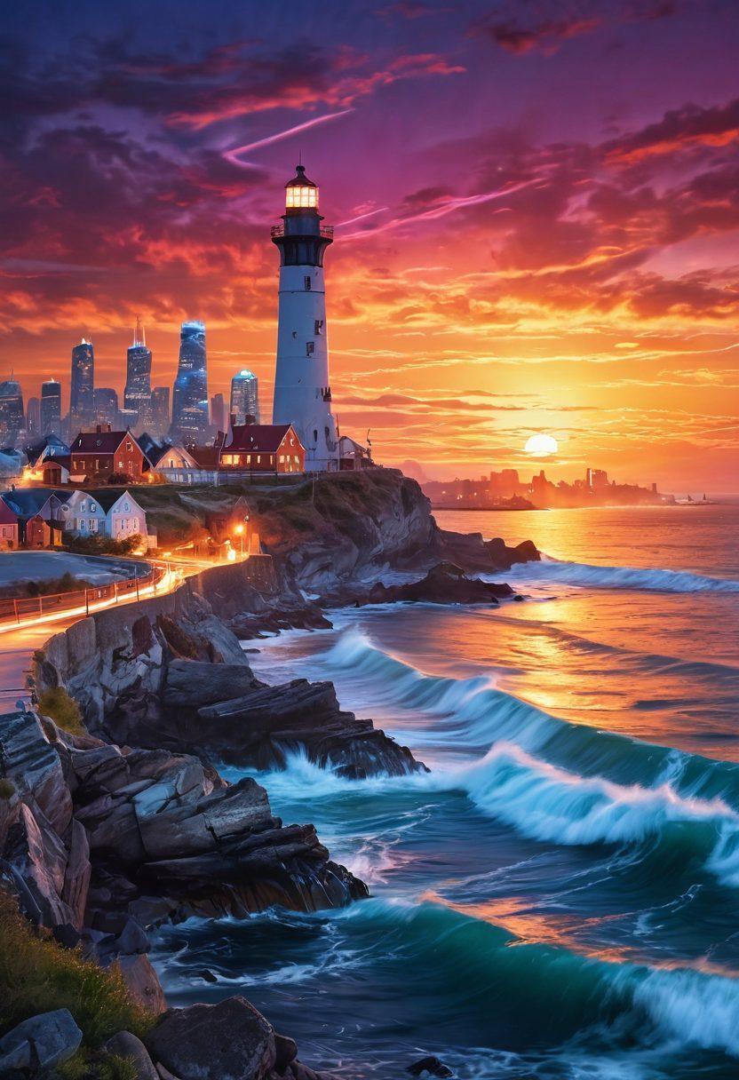 A surreal landscape illustrating both an old lighthouse and a modern city skyline connected by vibrant, flowing signals like waves of light. The lighthouse beams a radiant signal into the sky, merging with digital network connections that crisscross the city, symbolizing the evolution of communication. Include a palette of luminous colors transitioning from warm sunset tones to cool nighttime blues. surrealism. vibrant colors. 3D.