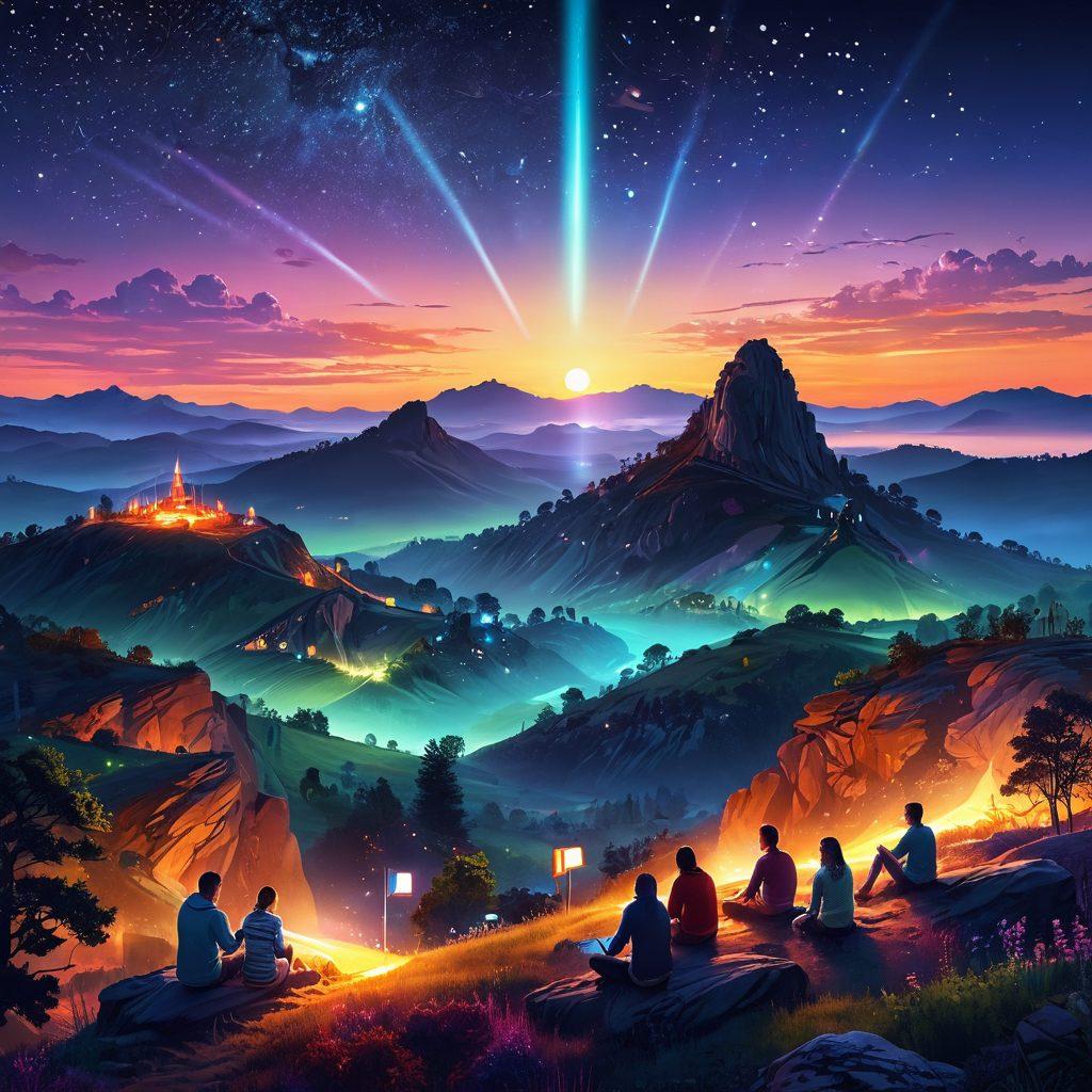 A mystical landscape at twilight featuring a series of glowing beacons on a hilltop, sending vibrant beams of light across a starry sky, illustrating global communication. In the foreground, diverse people from different cultures using various devices to connect with the radiant signals. The surrounding nature is lush and detailed, symbolizing connectivity and enlightenment. surreal art style. vibrant colors. 3D.